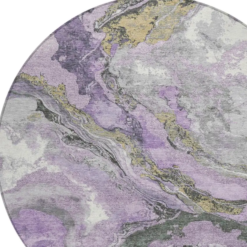 8' Lavender And Charcoal Round Abstract Washable Indoor Outdoor Area Rug Photo 8