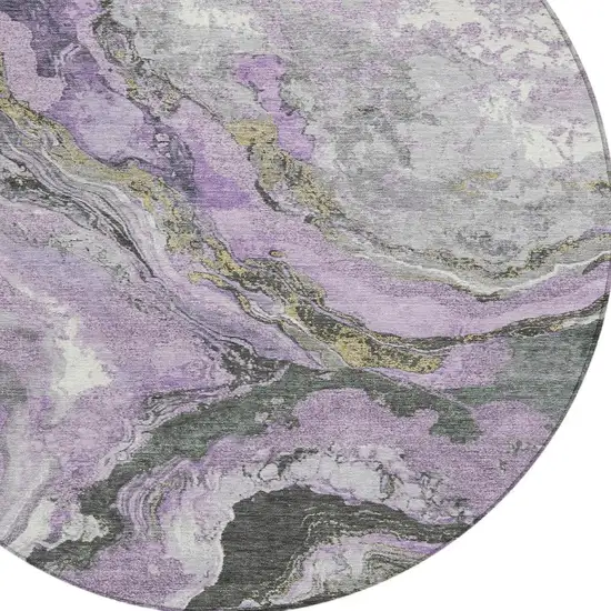 8' Lavender And Charcoal Round Abstract Washable Indoor Outdoor Area Rug Photo 4