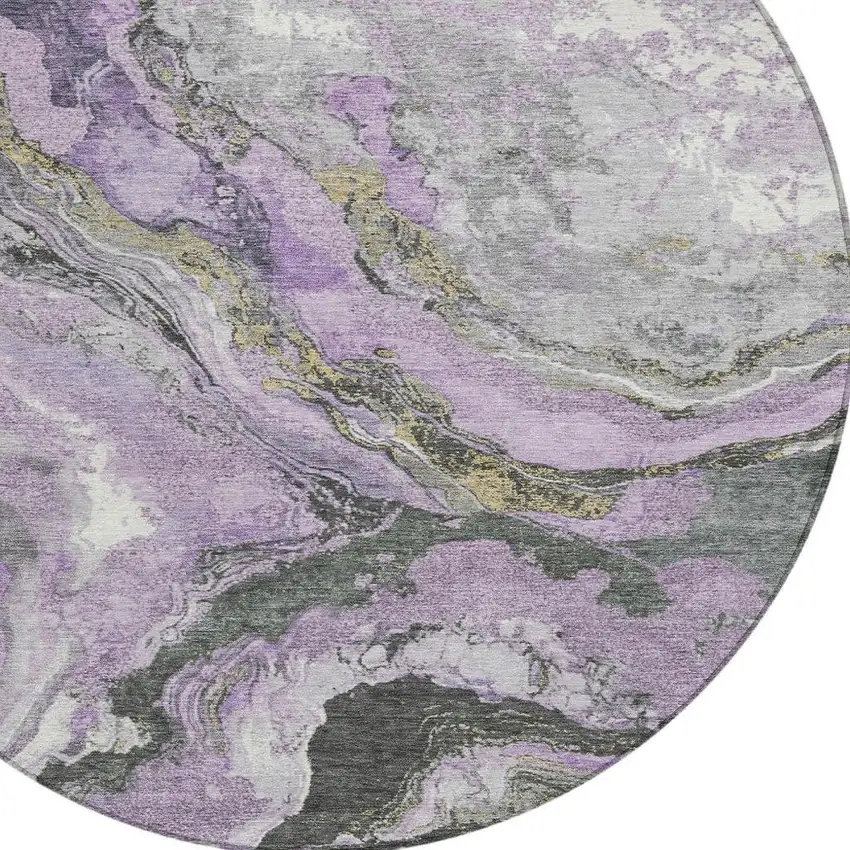 8' Lavender And Charcoal Round Abstract Washable Indoor Outdoor Area Rug Photo 4