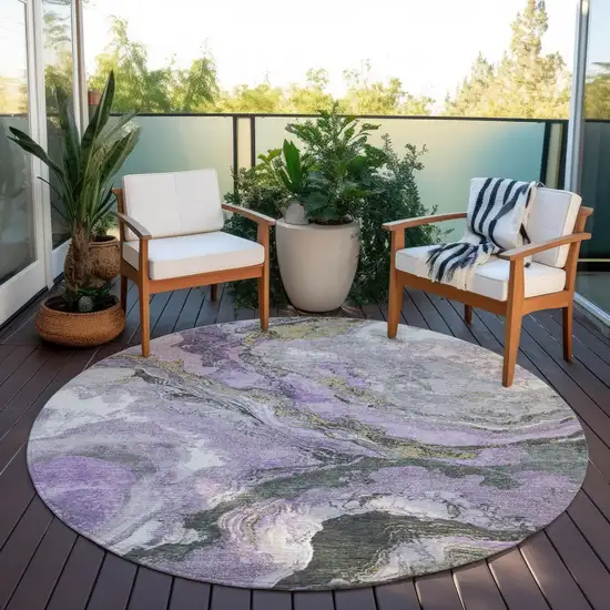 8' Lavender And Charcoal Round Abstract Washable Indoor Outdoor Area Rug Photo 5