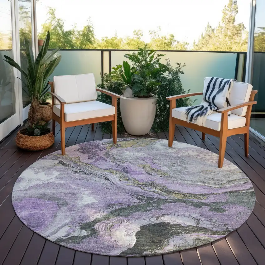 8' Lavender And Charcoal Round Abstract Washable Indoor Outdoor Area Rug Photo 5