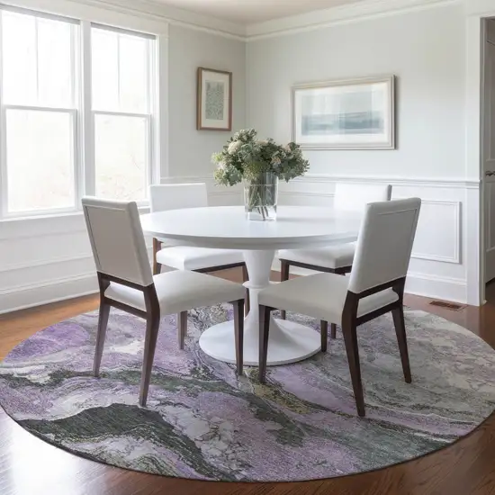 8' Lavender And Charcoal Round Abstract Washable Indoor Outdoor Area Rug Photo 6