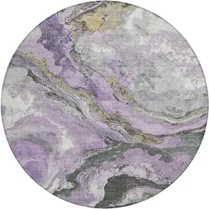 Photo of 8' Lavender And Charcoal Round Abstract Washable Indoor Outdoor Area Rug