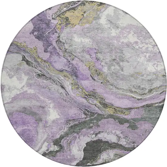 8' Lavender And Charcoal Round Abstract Washable Indoor Outdoor Area Rug Photo 1