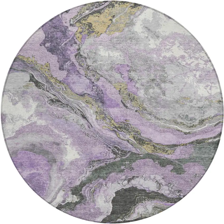 8' Lavender And Charcoal Round Abstract Washable Indoor Outdoor Area Rug Photo 1
