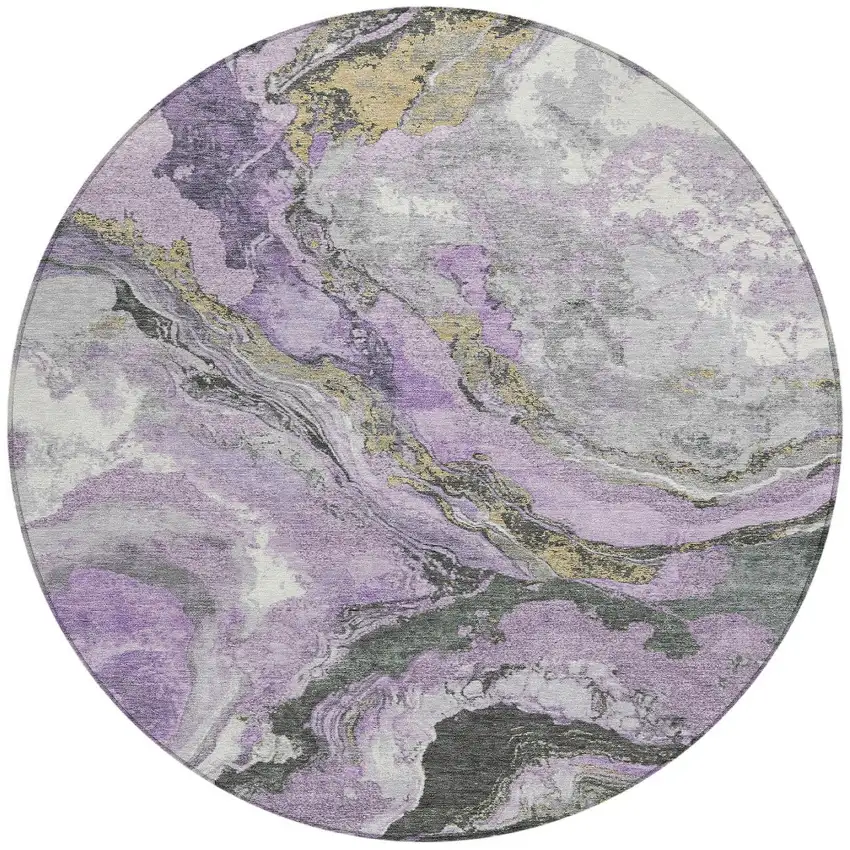 8' Lavender And Charcoal Round Abstract Washable Indoor Outdoor Area Rug Photo 3