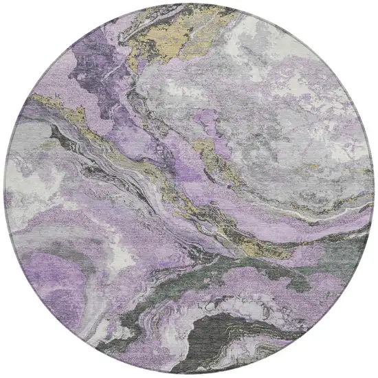 8' Lavender And Charcoal Round Abstract Washable Indoor Outdoor Area Rug Photo 3