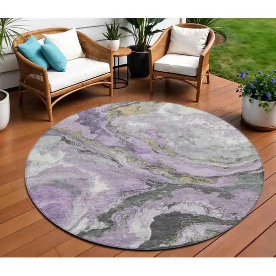 8' Lavender And Charcoal Round Abstract Washable Indoor Outdoor Area Rug Photo 2