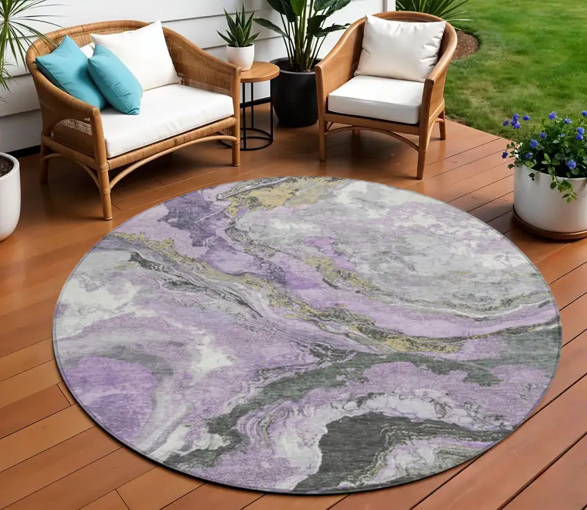 8' Lavender And Charcoal Round Abstract Washable Indoor Outdoor Area Rug Photo 2