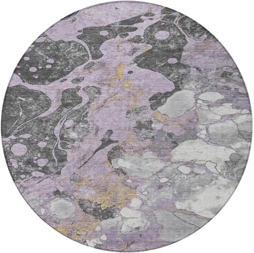 8' Lavender And Charcoal Round Abstract Washable Indoor Outdoor Area Rug Photo 3