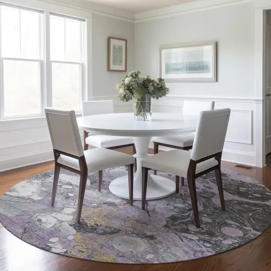 8' Lavender And Charcoal Round Abstract Washable Indoor Outdoor Area Rug Photo 6