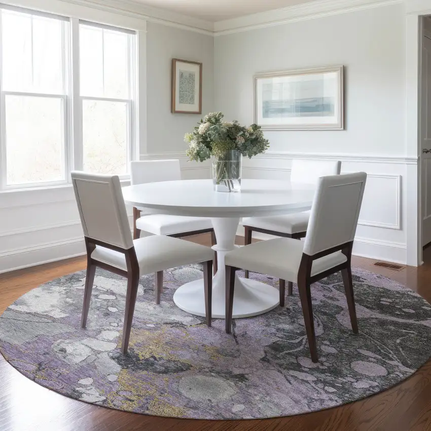 8' Lavender And Charcoal Round Abstract Washable Indoor Outdoor Area Rug Photo 6