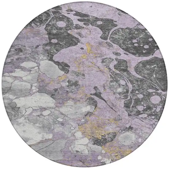 8' Lavender And Charcoal Round Abstract Washable Indoor Outdoor Area Rug Photo 4