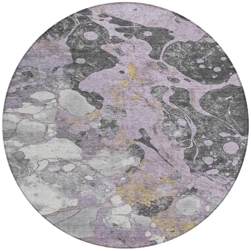 8' Lavender And Charcoal Round Abstract Washable Indoor Outdoor Area Rug Photo 4