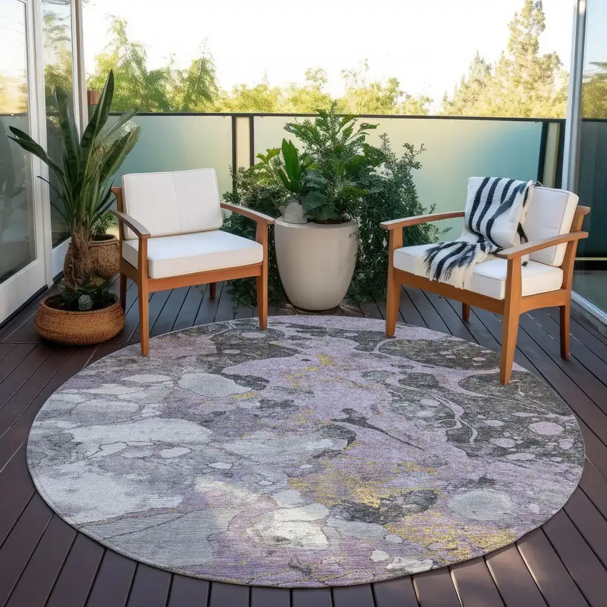 8' Lavender And Charcoal Round Abstract Washable Indoor Outdoor Area Rug Photo 5