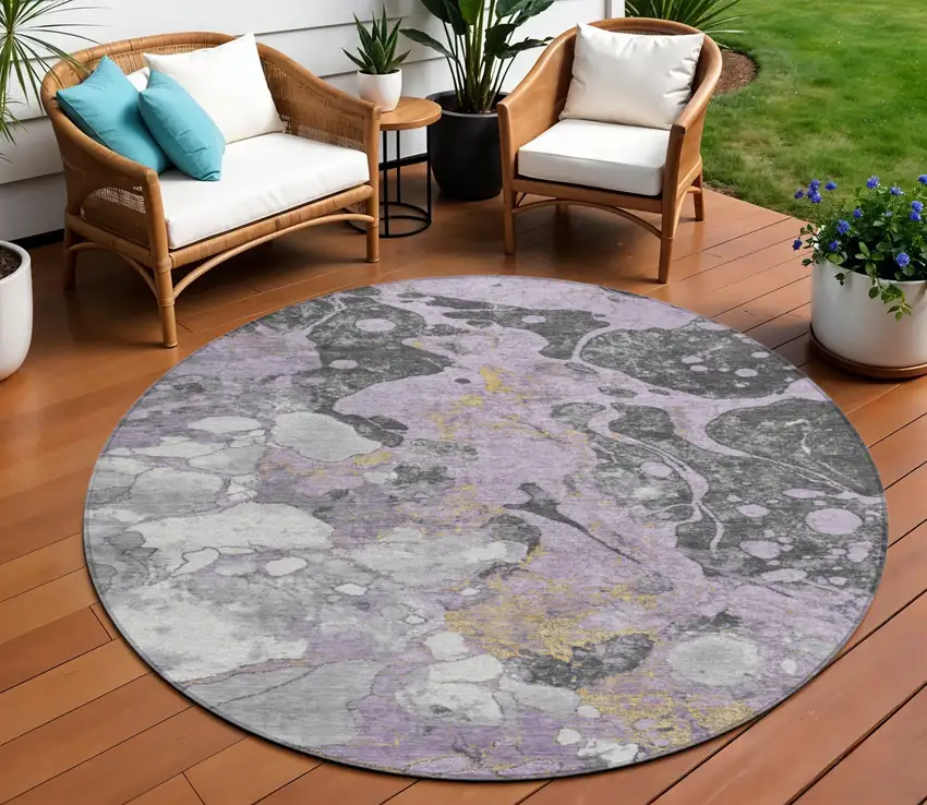 8' Lavender And Charcoal Round Abstract Washable Indoor Outdoor Area Rug Photo 2