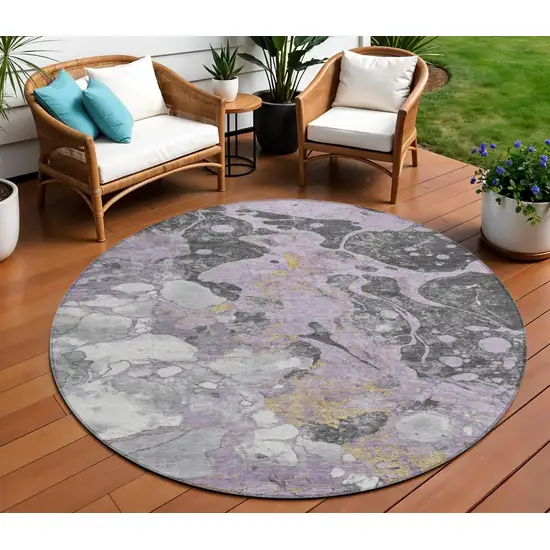 8' Lavender And Charcoal Round Abstract Washable Indoor Outdoor Area Rug Photo 2