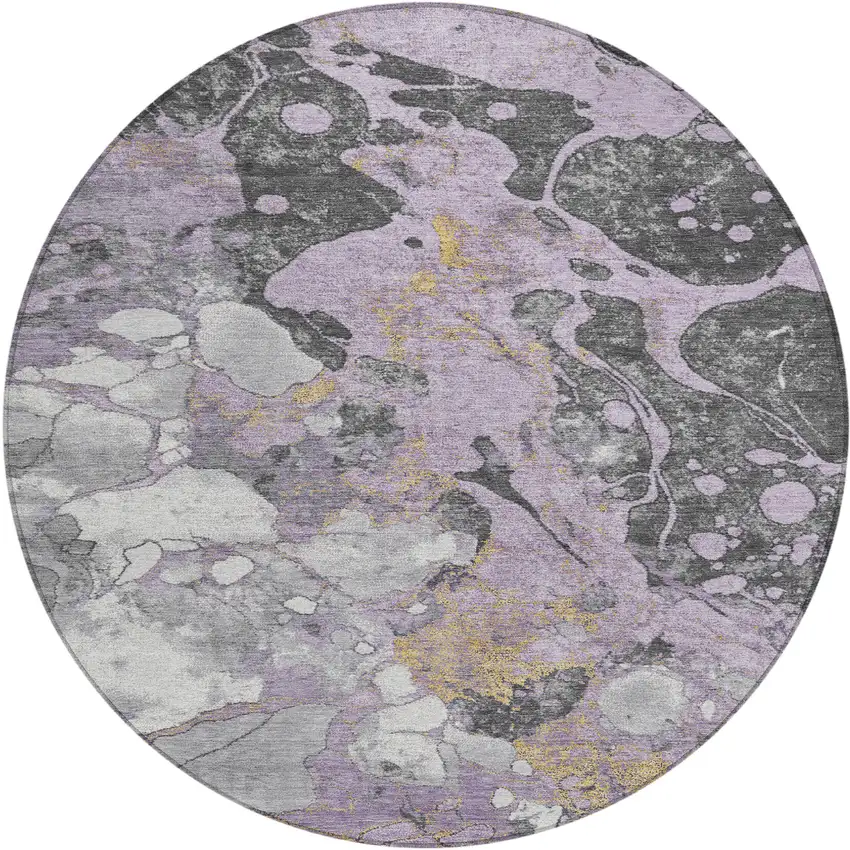 8' Lavender And Charcoal Round Abstract Washable Indoor Outdoor Area Rug Photo 1