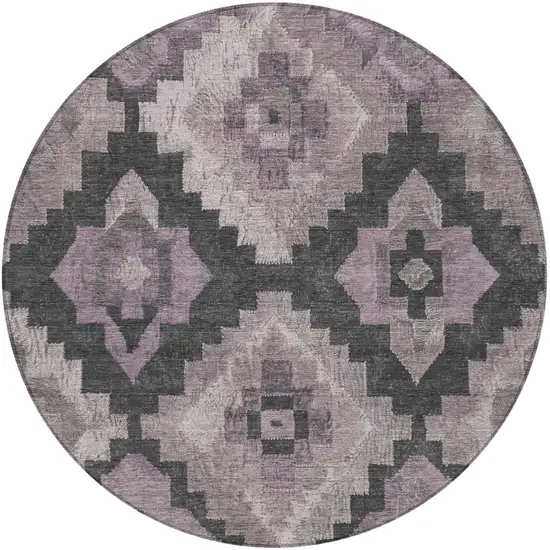 8' Lavender And Charcoal Round Aztec Washable Indoor Outdoor Area Rug Photo 3