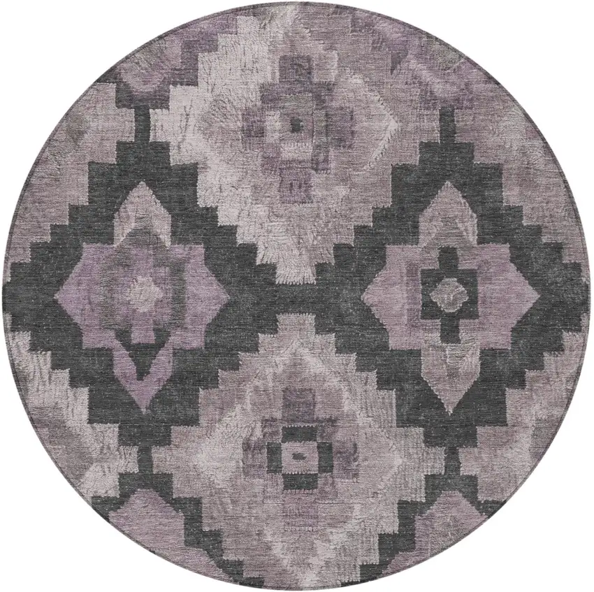 8' Lavender And Charcoal Round Aztec Washable Indoor Outdoor Area Rug Photo 3