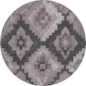 Photo of 8' Lavender And Charcoal Round Aztec Washable Indoor Outdoor Area Rug