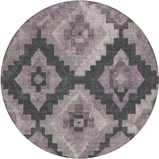 8' Lavender And Charcoal Round Aztec Washable Indoor Outdoor Area Rug Photo 1