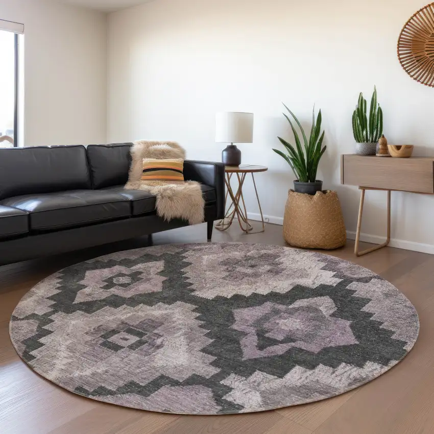 8' Lavender And Charcoal Round Aztec Washable Indoor Outdoor Area Rug Photo 6