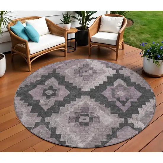 8' Lavender And Charcoal Round Aztec Washable Indoor Outdoor Area Rug Photo 2