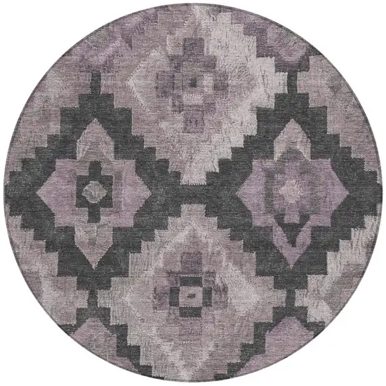 8' Lavender And Charcoal Round Aztec Washable Indoor Outdoor Area Rug Photo 4