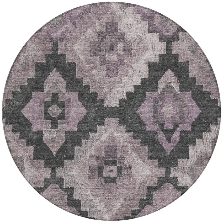 8' Lavender And Charcoal Round Aztec Washable Indoor Outdoor Area Rug Photo 4