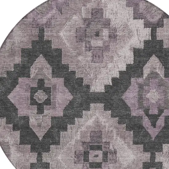 8' Lavender And Charcoal Round Aztec Washable Indoor Outdoor Area Rug Photo 8