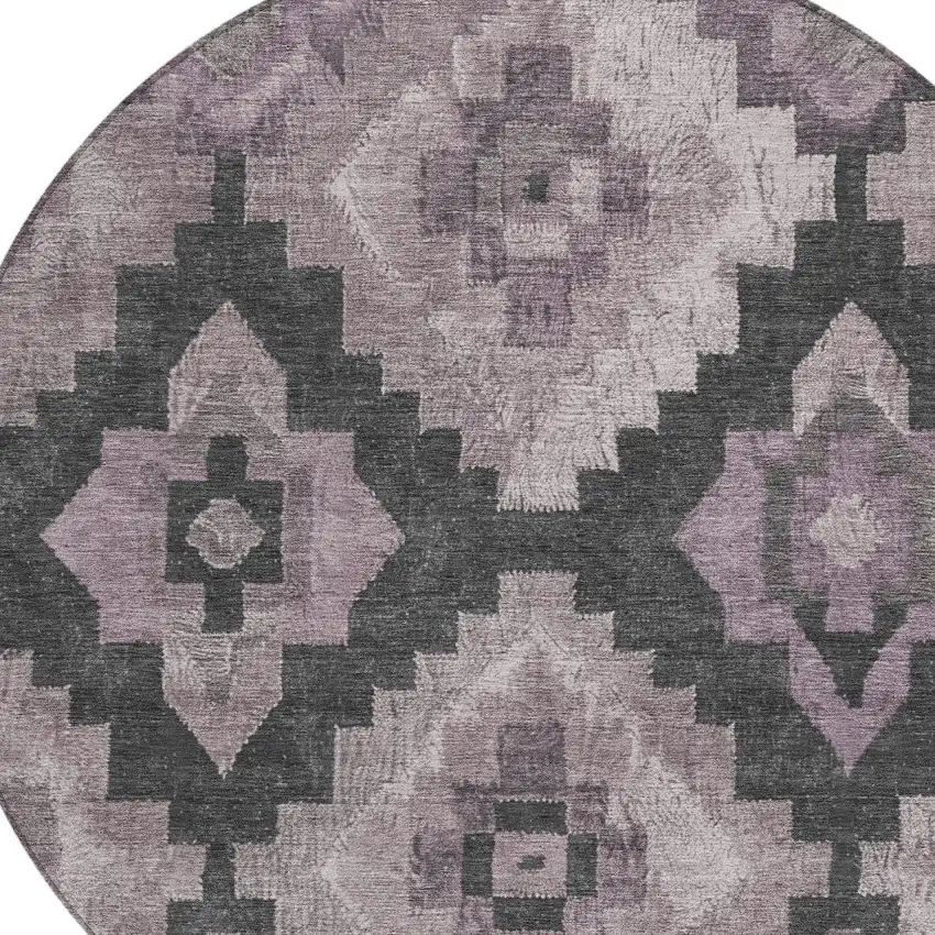 8' Lavender And Charcoal Round Aztec Washable Indoor Outdoor Area Rug Photo 8