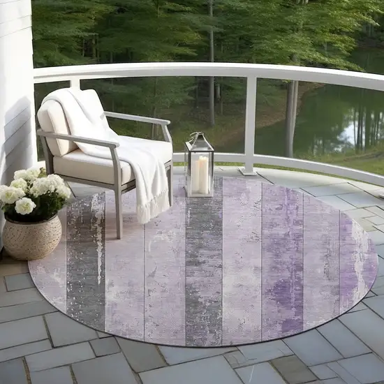8' Lavender And Charcoal Round Striped Washable Indoor Outdoor Area Rug Photo 5