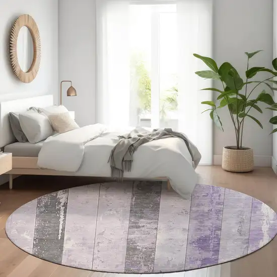 8' Lavender And Charcoal Round Striped Washable Indoor Outdoor Area Rug Photo 6