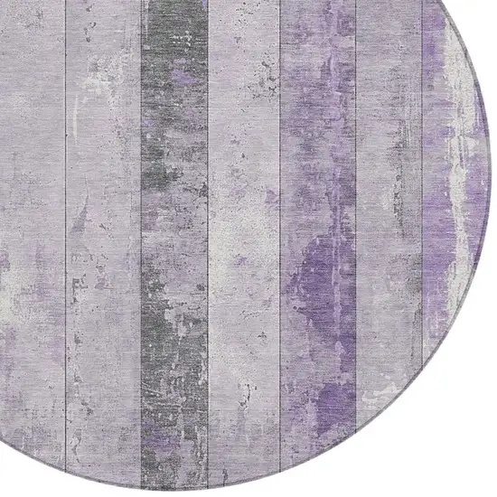 8' Lavender And Charcoal Round Striped Washable Indoor Outdoor Area Rug Photo 4