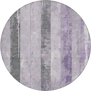 Photo of 8' Lavender And Charcoal Round Striped Washable Indoor Outdoor Area Rug