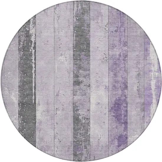 8' Lavender And Charcoal Round Striped Washable Indoor Outdoor Area Rug Photo 1