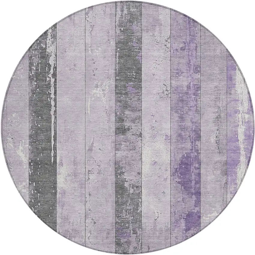 8' Lavender And Charcoal Round Striped Washable Indoor Outdoor Area Rug Photo 1