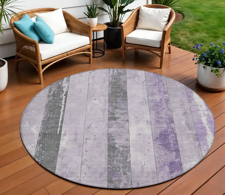 8' Lavender And Charcoal Round Striped Washable Indoor Outdoor Area Rug Photo 2