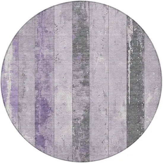 8' Lavender And Charcoal Round Striped Washable Indoor Outdoor Area Rug Photo 3
