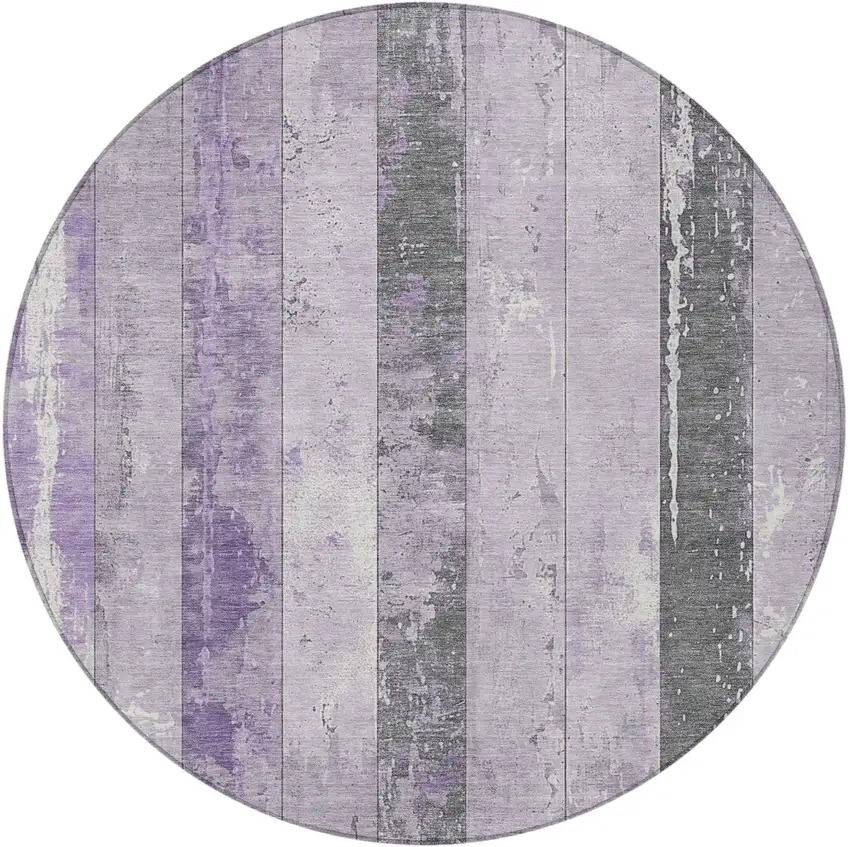 8' Lavender And Charcoal Round Striped Washable Indoor Outdoor Area Rug Photo 3