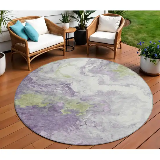 8' Lavender And Fern Green Round Abstract Washable Indoor Outdoor Area Rug Photo 2