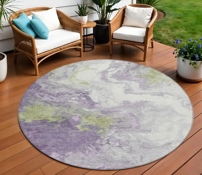 8' Lavender And Fern Green Round Abstract Washable Indoor Outdoor Area Rug Photo 2