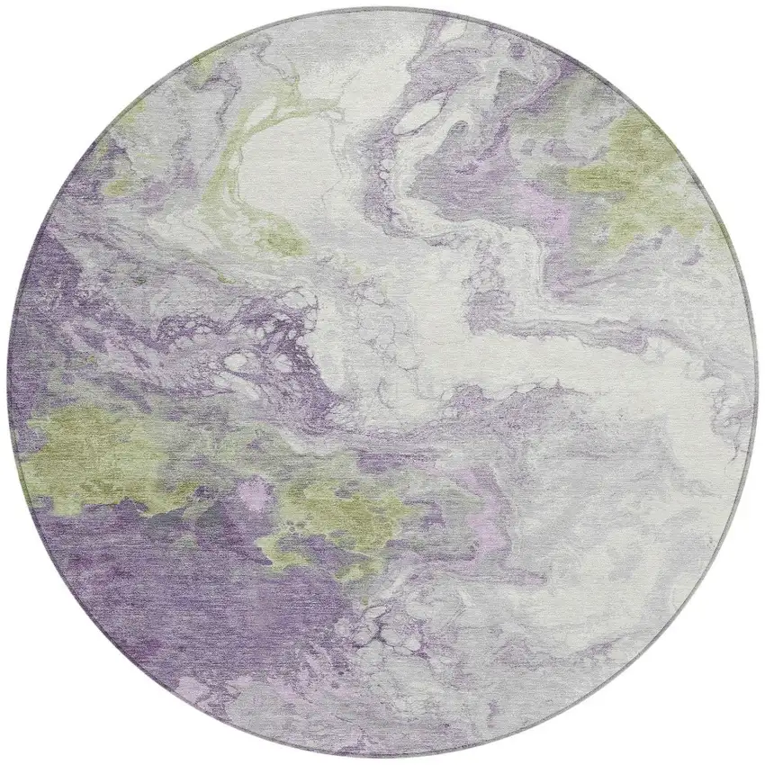 8' Lavender And Fern Green Round Abstract Washable Indoor Outdoor Area Rug Photo 3
