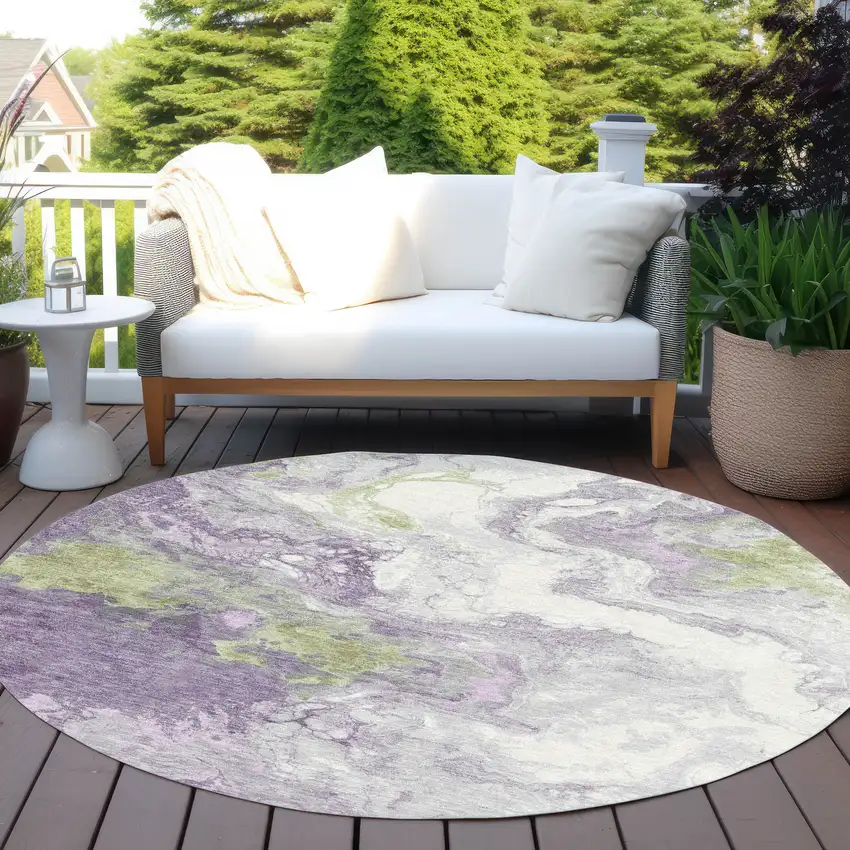 8' Lavender And Fern Green Round Abstract Washable Indoor Outdoor Area Rug Photo 5