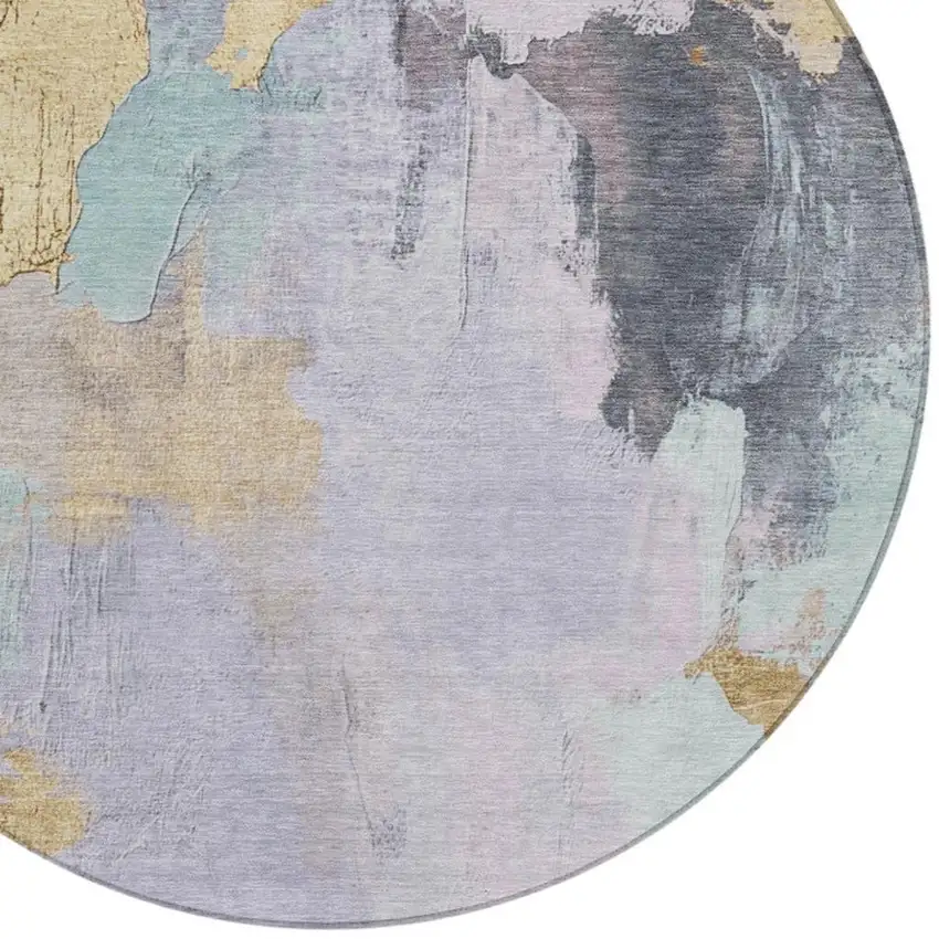 8' Lavender And Gold Round Abstract Washable Indoor Outdoor Area Rug Photo 4