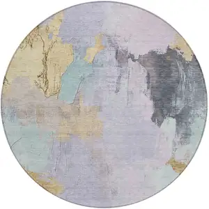Photo of 8' Lavender And Gold Round Abstract Washable Indoor Outdoor Area Rug
