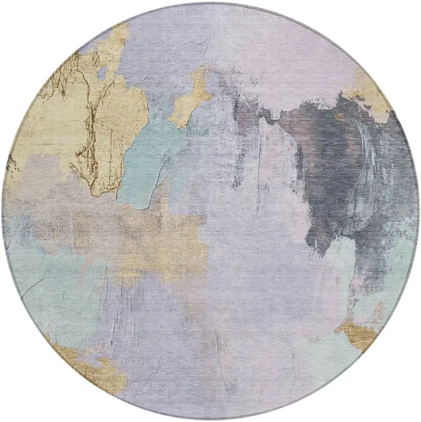 8' Lavender And Gold Round Abstract Washable Indoor Outdoor Area Rug Photo 1