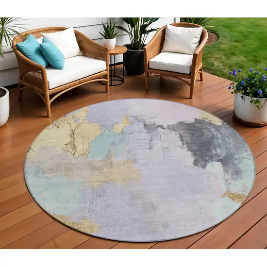 8' Lavender And Gold Round Abstract Washable Indoor Outdoor Area Rug Photo 2