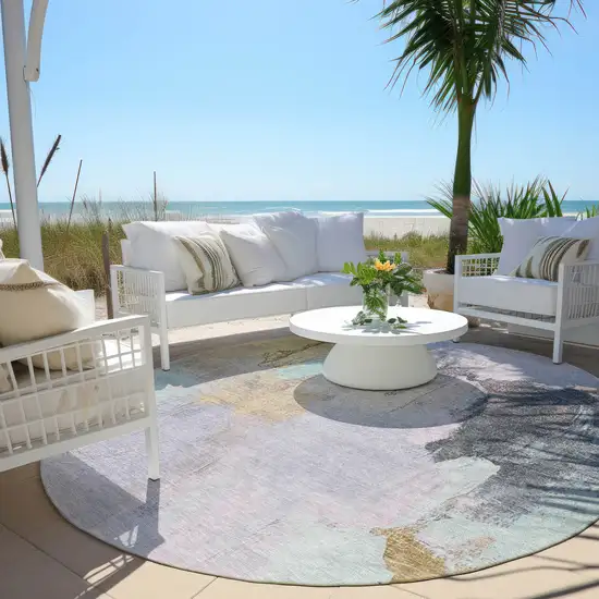 8' Lavender And Gold Round Abstract Washable Indoor Outdoor Area Rug Photo 5